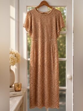 Rose Gold Sequin Beaded Midi Dress Vintage Glam Cocktail Party Dress